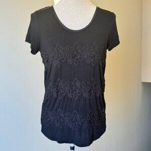 Hugo Boss Women’s Oversized Lace and Satin Detail Black T-shirt - Size small